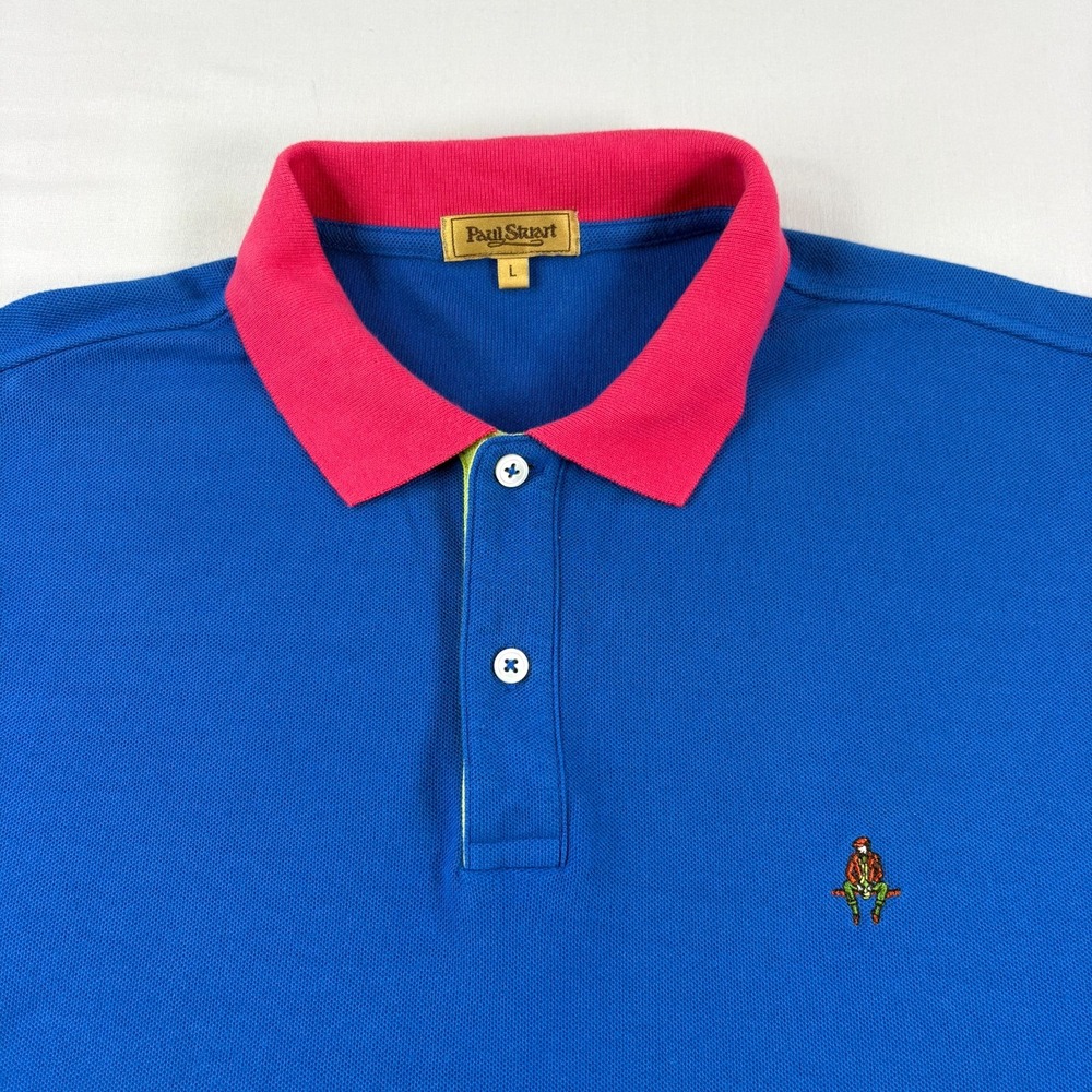 Paul Stuart Polo Shirt Men Large Blue Pink Slim Fit Cotton Stretch Preppy Casual